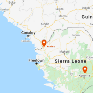 Map image showing Kambia and Kenema regions of Sierra Leone